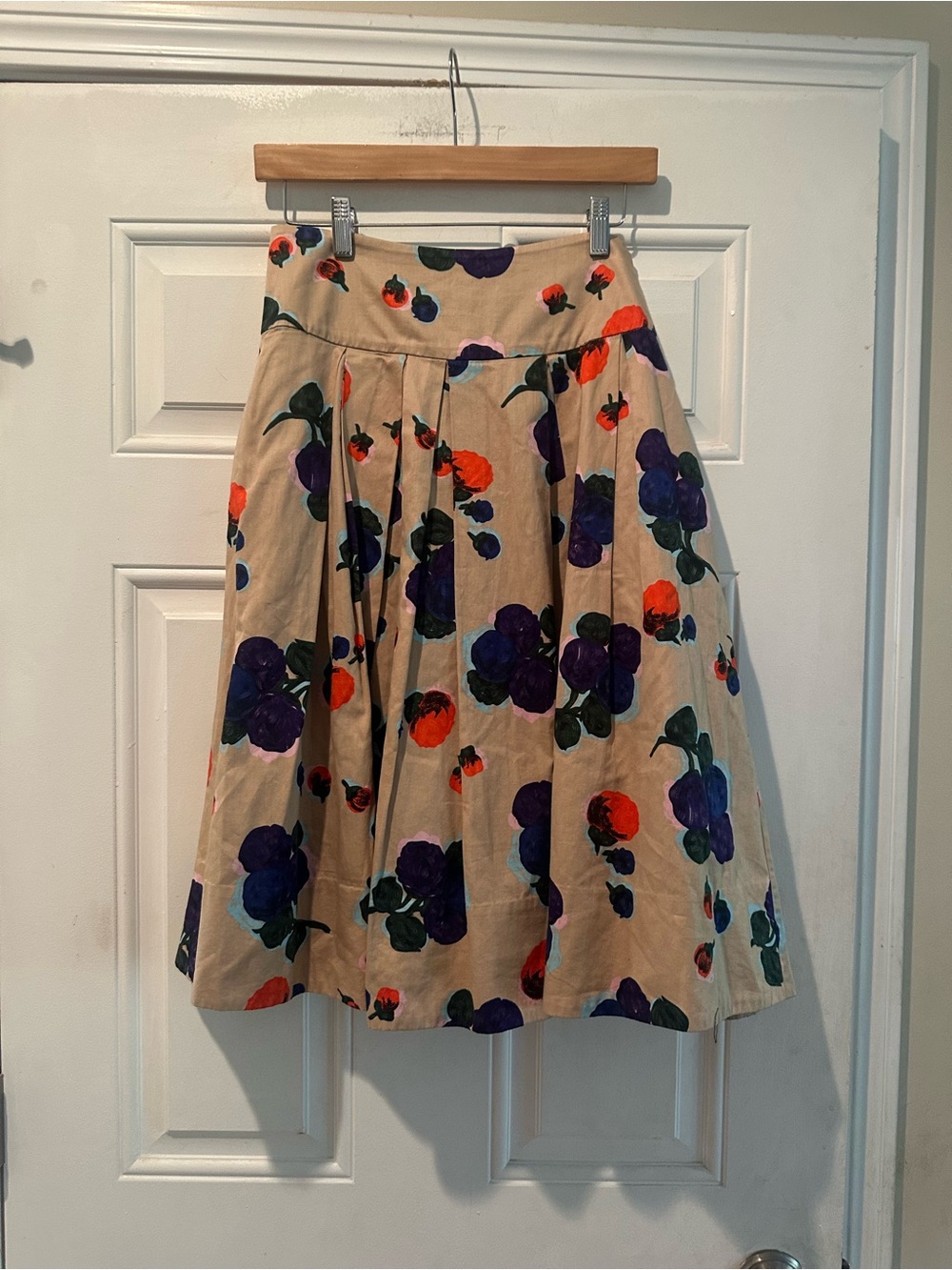 Anthropologie Odille Beige A-Line Skirt with Purple & Orange Floral Motif